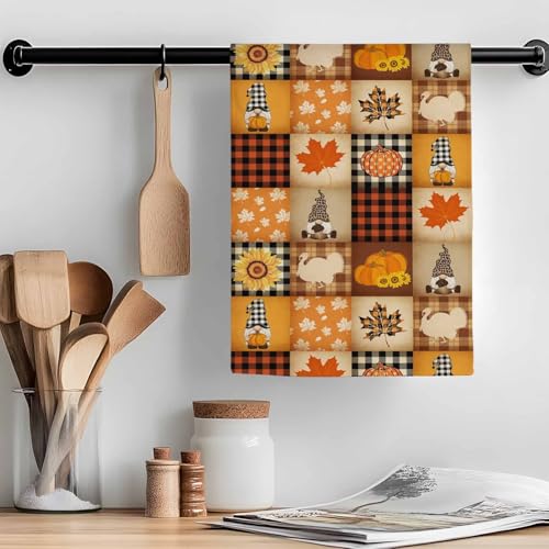 Image of Fall Kitchen Towels Gnome Turkey Pumpkin Thanksgiving Hand Towels Buffalo Check Plaid Dish Towel Cleaning Cloth Soft Absorbent Quick Drying Dish Cloths for Kitchen, Bathroom Autumn Decoration