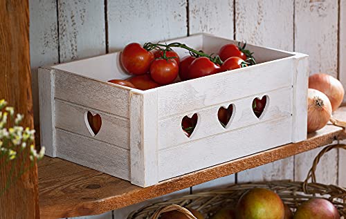 FRANK FLECHTWAREN Universalkiste Holz mit Herzmuster 30 x 20 x 12 cm Aufbewahrungsbox dekorative Holzkiste weiß gekalkt naturfarben stabil handgefertigt