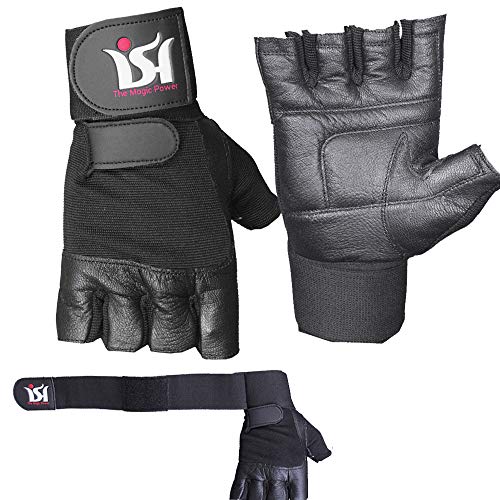 ISH Sports Power Gym Weight Lifting Leather Gloves Fitness Strength Training Bodybuilding Exercise Powerlifting (Small)
