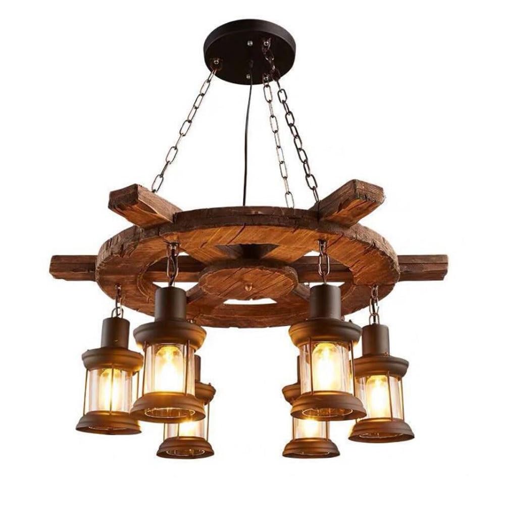 Bloohk One Color Nautical Ship’s Wheel Chandelier, 6-Light Rustic Wood Steering Wheel Pendant Light With Lanterns, Industrial Ceiling Fixture For Dining Room, Bar, Lodge