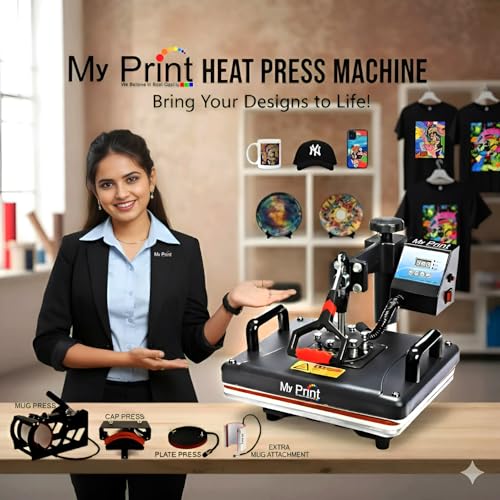Image of MY PRINT | Heat Press 5 in 1 Digital Multi Functional | DTF PRINTING | Sublimation Printing | Vinyl Printing Machine for T-Shirts [Any Flat Product] with Cap Press, Plate Press, 11Oz Mug Press, with extra Mug Attachment | 12x15 Inch | For Business Supplies [Teflon Attached]