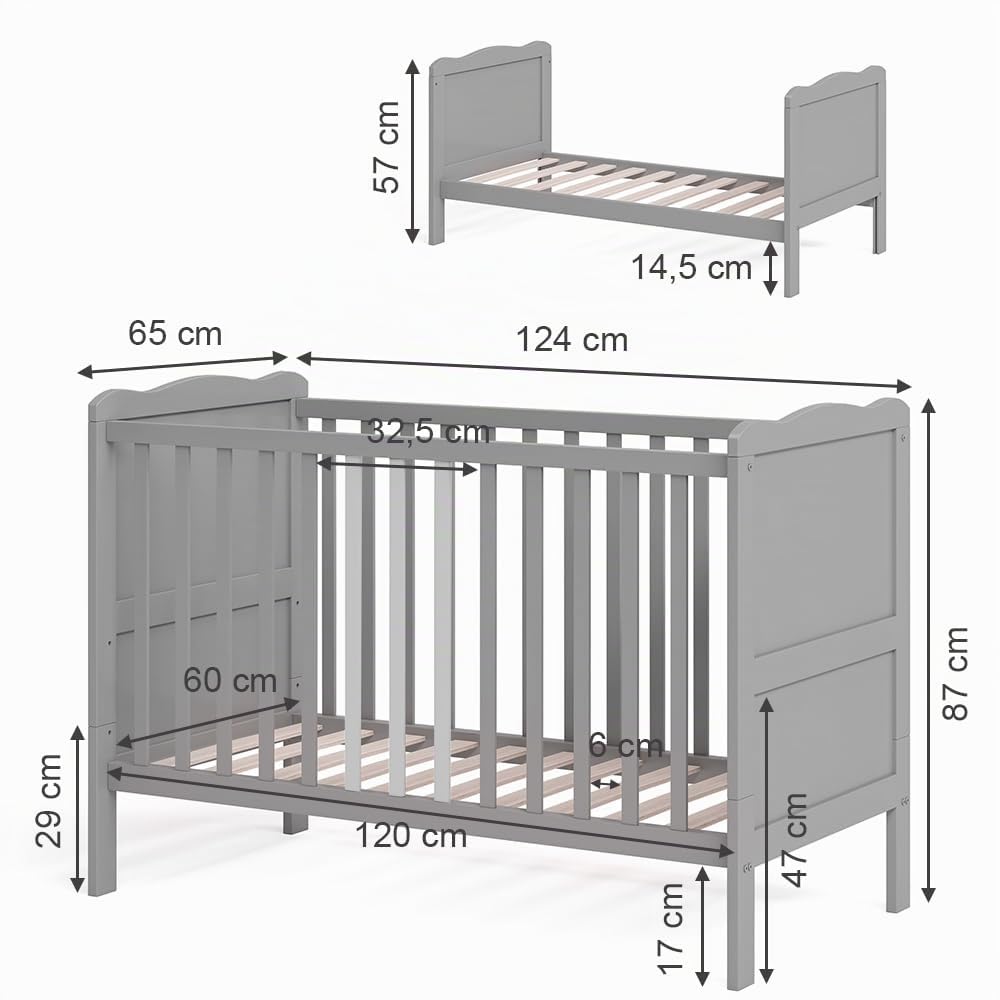 VitaliSpa Lit bébé Tobi, Gris, 60x120 cm | avec sommier à lattes réglable en hauteur et côtés à barreaux amovibles