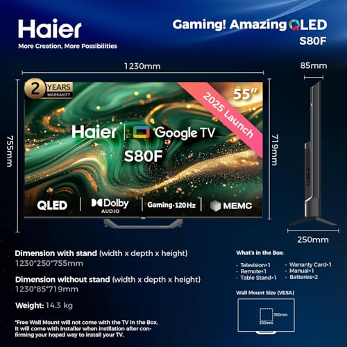 تلفزيون ذكي S80F طراز 2024 H55S80F من هاير بتقنية QLED وشاشة 55 بوصة، دقة 4K - تقنية صوت دولبي - جهاز استقبال مدمج - لون أسود