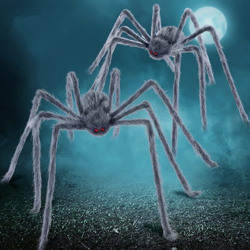 Image of JOYIN 2 Pack 5 Ft Halloween Outdoor Decorations Hairy Gray Spider, Scary Fake Giant Large Spider Haunted House Props, Halloween Lawn Porch Yard Garden Tree Decorations Party Indoor Decor