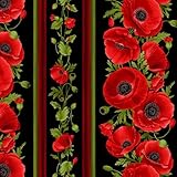 Chong-a Hwang Poppy Dreams Border Stripe Cotton Fabric, Red and Black Floral Print, Decorative Sewing Material