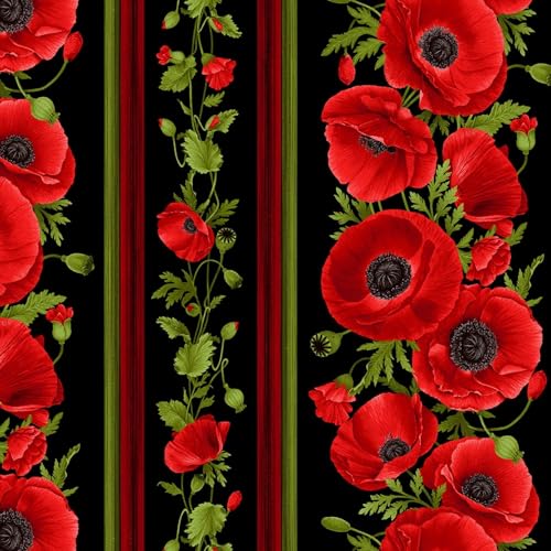 Chong-a Hwang Poppy Dreams Border Stripe Cotton Fabric, Red and Black Floral Print, Decorative Sewing Material