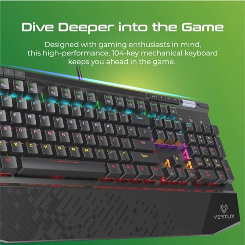 Image of Vertux Gaming Keyboard, Ergonomic USB Wired Mechanical Keyboard with Integrated Wrist Rest, Black Switches, RGB Backlit, 104 Anti-Ghosting Keys and 8 Multimedia Keys for PS5 /PS4, Xbox One /X, Tungsten