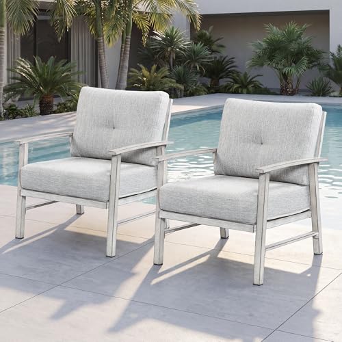 Image of Outdoor Patio Chairs Set of 2, Outdoor Aluminum Armchair Conversation Set with Thick Cushions, 2 Pieces All Weather Patio Furniture Sofa Chairs Set for Garden, Poolside, Lawn, White Oak