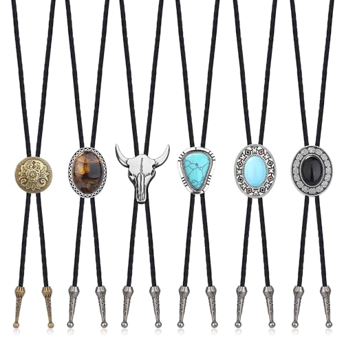 LOLIAS Bolo Tie,Handmade Vintage Bolo Ties for Men Western Cowboy Leather Necktie with Natural Tiger Eye Stone Costume Accessories for Men Women 6Pcs