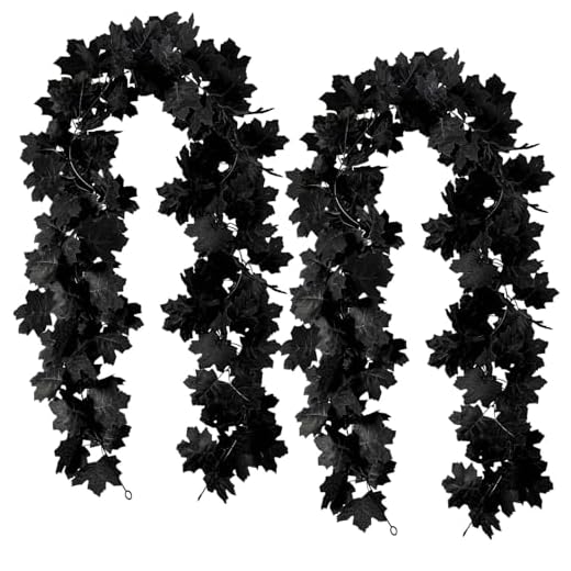 Black Maple Leaf Garland, 2PCS Halloween Artificial Hanging Fall Leave Vines, Fall Floral Garlands Thanksgiving Decor for Home Wedding Party (11.8FT)
