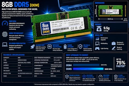 Image of 8GB DDR5 5600MHz OEM Laptop RAM Compatible with Samsung [Key Specs: PC5-44800 /5600B | 262-Pin SO-DIMM | CL46 | 1Rx16 | 1.1V | Non-ECC] | 5 Years Seller Warranty