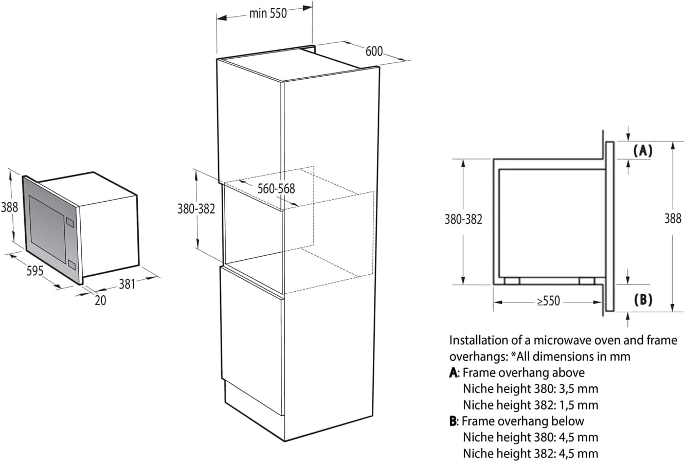 Gorenje BM251S7XG Microwave Oven Installation Dimensions Diagram