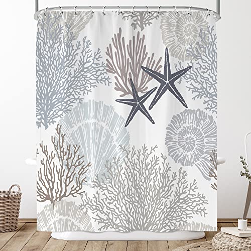 Tan Grey Brown Starfish Seashell Shower Curtain, Nautical Coastal Shower Curtains Set For Bathroom, Ocean Beach Summer Shower Curtain Vintage Teal Blue Marine Bath Curtain Accessories Decor,60X72 #TOP1