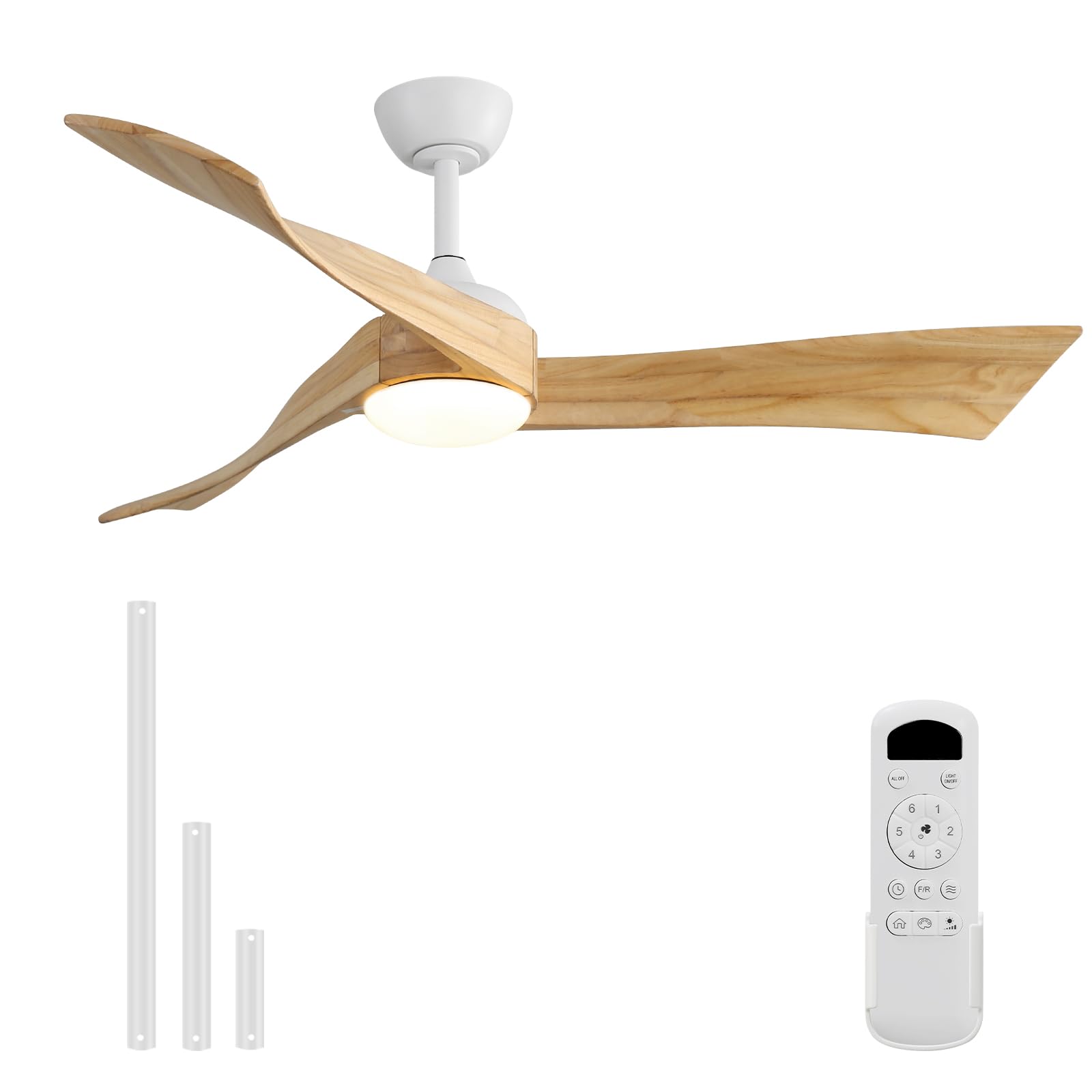 Sofucor 52 Inch Ceiling Fan with Light and Remote, Modern 3 Solid Wood Blades Ceiling Fan, 6 Speeds 5500CFM, Dimmable 3-Color LED with Memory, Timer & Quiet & Reversible DC Motor, ETL, Nature Wood