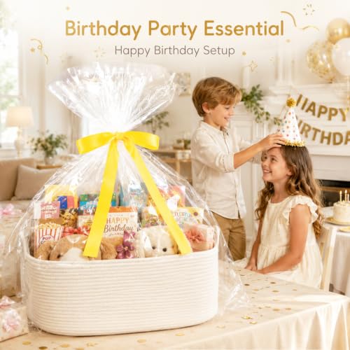Image of OIASKET Large Empty Cotton Rope Gift Basket with Handles, 18.9 inchx13.8 inchx7.8 inch Decorative Woven Storage Basket with Gift Bag and Ribbon Set for Baby Shower, Toy Organizer for Kids, Dogs & Cats - White