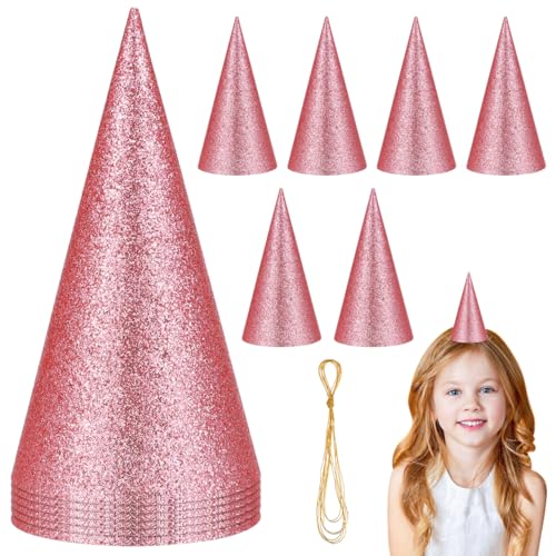 Kisangel Glitter Birthday Cone Hats 12 Pack Pink Party Hats for Kids Toddlers Adults Baby Shower Classroom Decorations Triangle Party Headwear