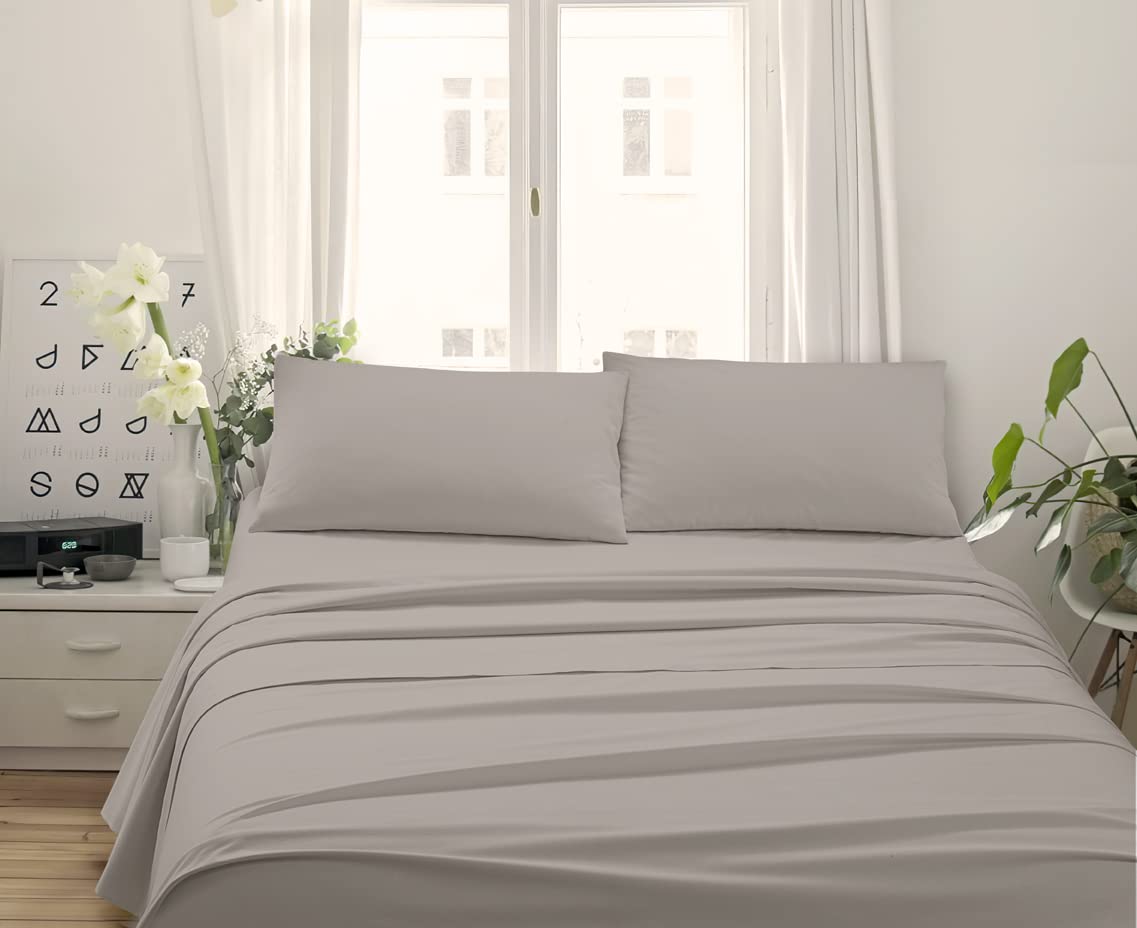 Made in Italy - Capri Juego de Cama - Sábanas de Algodón - 4 Piezas - 1 Sábana Bajera 135/140x190cm H20 - 1 Sábana encimera - 2 Fundas de Almohada 50x80 (De Matrimonio 140 , Gris Paloma)