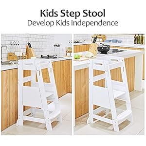 Toetol bamboo toddler kitchen step stool white helper standing tower height adjustable with anti slip protection for kids kitchen counter learning  urban country home decor