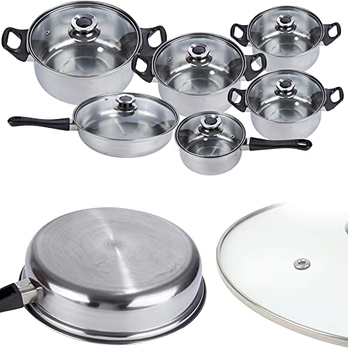 Retoo 12-teilig Topfset aus Edelstahl, Kochgeschirr, Spülmaschinengeeignet und Backofengeeignet, Töpfe mit Glasdeckel, 12er Kochtopf Set mit Durchmesser 16, 18, 20, 21.8, 24, 24, Silber