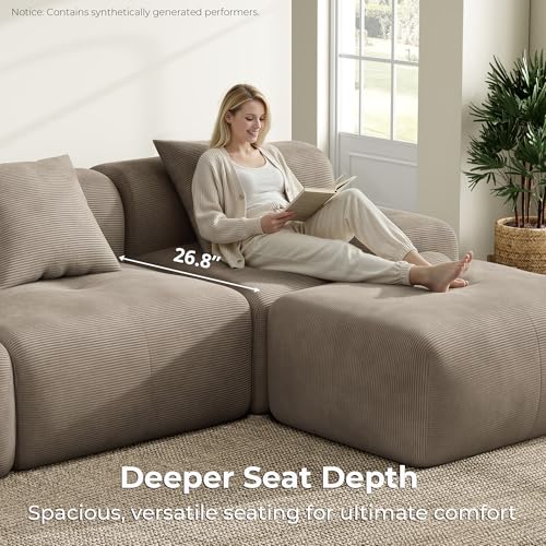 Image of LIKIMIO LumiCord Modular Sectional Sofa with 2 Ottomans, 118 inch U-Shaped Boneless Couch for Living Room, Oversized Deep Seat with Corduroy Upholstery, No Assembly Required, Light Brown