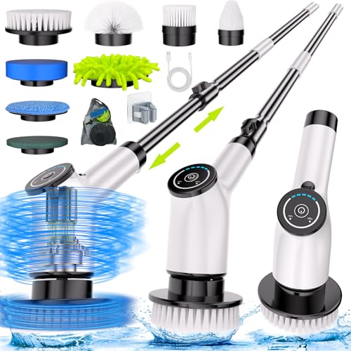 Limpiador eléctrico giratorio, cepillo de limpieza inalámbrico con 8 cabezales de cepillo reemplazables y mango de extensión ajustable, limpiador eléctrico de ducha de doble velocidad para bañera,