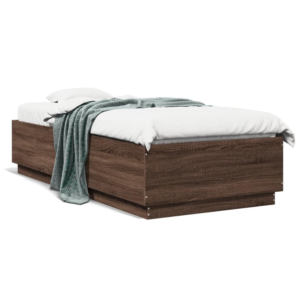Bettgestell 90x200 cm Braun Eichen-Optik aus Holzwerkstoff mit Sperrholzlatten Modernes Design Robust und Langlebig für Jugendzimmer Erstwohnung und Gästezimmer