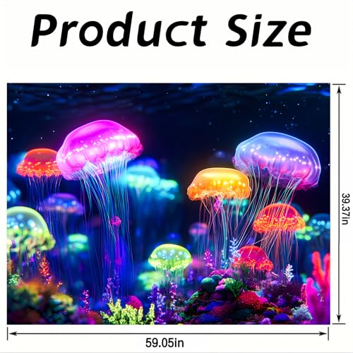 Image of Nuxovilar Neon Ocean Jellyfish Wall Tapestry Polyester 78.74x59.05 In | Glow Poster Trippy Wall Art Marine Decor UV Backdrop Bedroom Lounge Themed Nook Room (Neon Jellyfish Ocean)