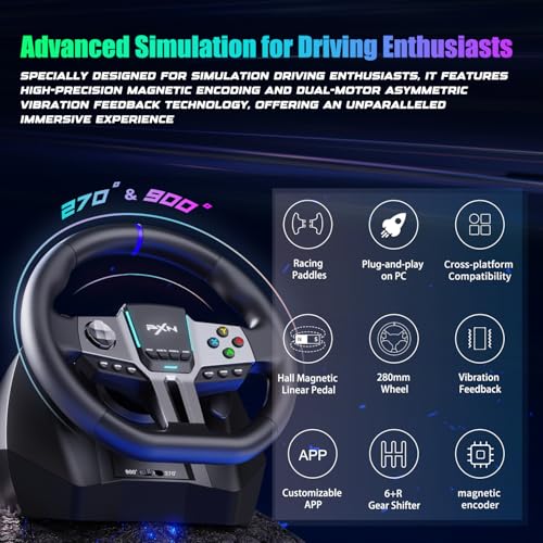PXN V9 Gen2 Gaming Steering Wheel with Pedals and Shifter - 270°|900° Racing Wheel, Vibration Feedback, Hall Effect Pedal, Paddle Shifters, Tools APP - Steering Wheel for PC, PS3, PS4, Xbox - Image 4