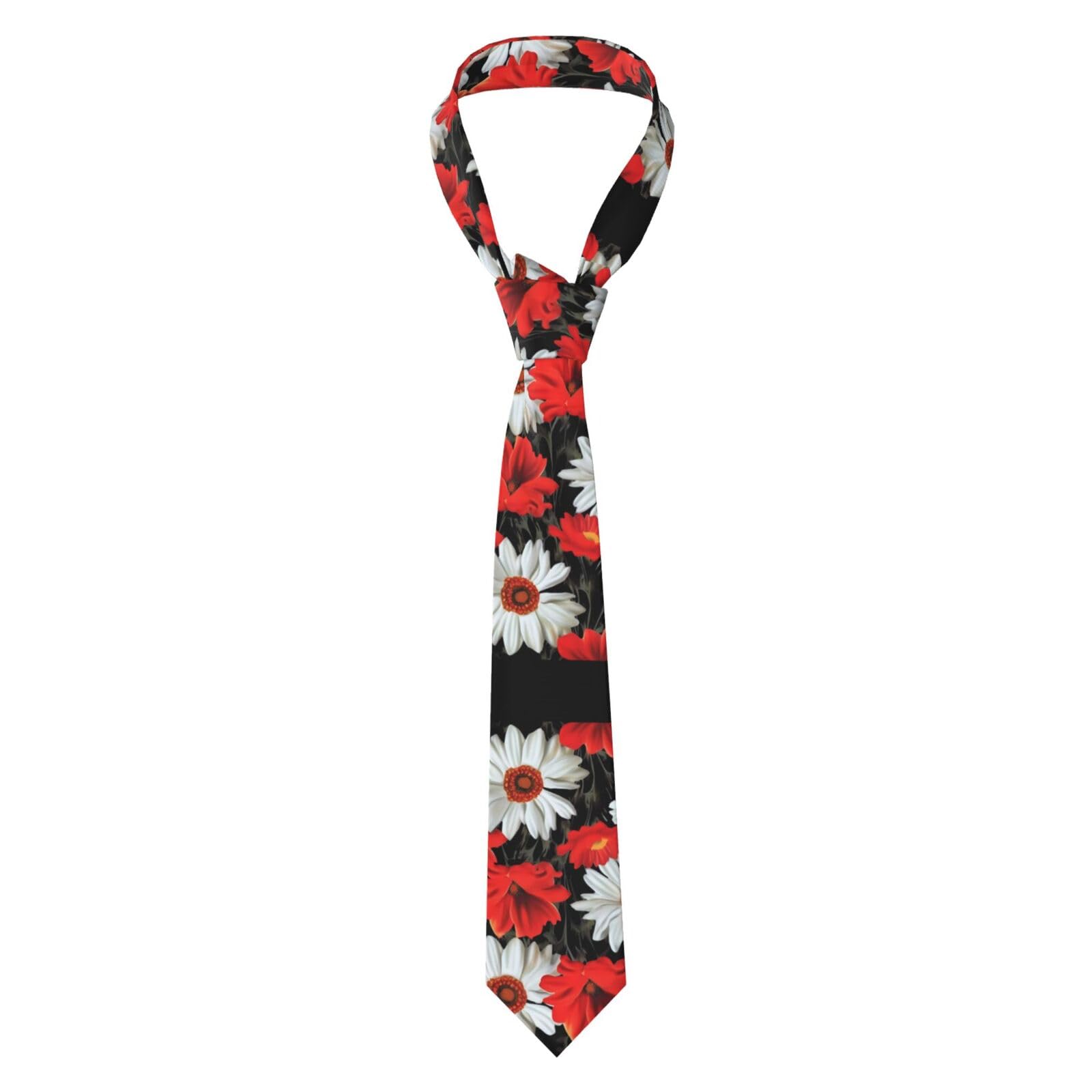 FJQWKLF Men's Ties Red Flower And White Daisy Printed Classic Necktie Extra Long Causal Neck Tie