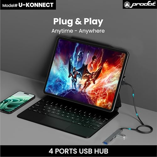 Image of ProDot U-Konnect 4-Port USB Hub, Multiport Adapter with 1 x USB 3.0 & 3 x USB 2.0 Ports, 5 Gbps Fast Data Transfer, Compact Plug & Play USB Splitter for MacBook, Laptop, PC (Aluminum, Silver)