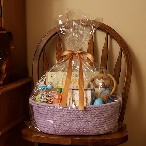 Image of Small Woven Gift Basket Empty with Bag & Ribbon, Storage Basket for Father's Day for Dad, Baby Shower, Raffle, Birthday, Cute Organizer with Handles, 12 inchx8 inchx5 inch, Purple