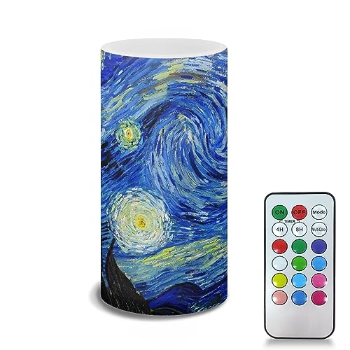 Image of Poceacles Flickering Flameless Candles with Multi Color Remote and Timer Starry Night Print Realistic LED Pillar Candles Battery Candles for Festive Wedding Party Home Decor