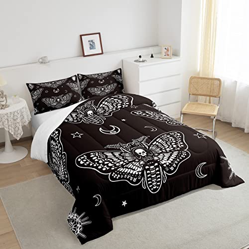 Boys Boho Moth Comforter Set Queen Size Men Gothic Skull Bedding Set For Girls Women Bedroom Decor Bohemian Moon Star Comforter Personalized Moth Skull Skeleton Bones Duvet Set Teens Quilt Set #TOP3