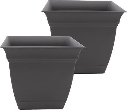 The HC Companies Eclipse Square Planter Pot, 12 Inch, Warm Gray, 2-Pack | Plastic, Attached Saucer, Drainage Holes, Lightweight, UV-Resistant, for Indoor & Outdoor Plants, Garden & Home Decor