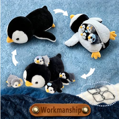 Image of Penguin Stuffed Animal,Cute Penguin Mommy Stuffed Animal with 4 Baby Penguin Plushies in Tummy,Kawaii Penguin Plush Toy Gift for Kids Girls Boys