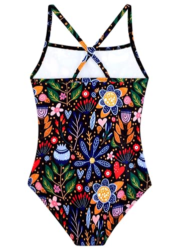 Belovance Girls Swimsuits One Piece Bathing Suit with Criss Corssback Straps Szie 6 7 Kids Children Swimming Suit Black Floral Swimwear Quick Dry (Black Floral, 6-7 Years)2