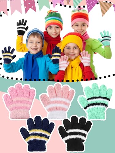 Image of SATINIOR 5 Pairs Kids Gloves Full Fingers Knitted Warm Gloves Winter Mittens for Little Boys and Girls Daily Supplies