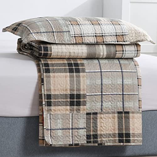 Plaid Bedding Quilt Set Full/Queen Lightweight Patchwork Bedspread Breathable Microfiber Geometric Coverlet Brown Grey Buffalo Check Bed Cover Classic Plaid Quilts #TOP5