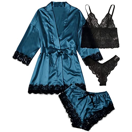 Danfiki Conjunto de pijama para mujer, 4 piezas, con estampado floral, encaje, encaje, satén Cami, conjunto de pijama con túnica, azul pavo real, L Cover