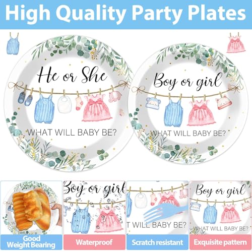 Image of 96Pcs Greenery Gender Reveal Party Decorations for Boy or Girl Baby Shower Plates Napkins Tableware Gender Reveal Disposable Baby Clothes Theme Plates He or She Paper Party Supplies for 24 Guests