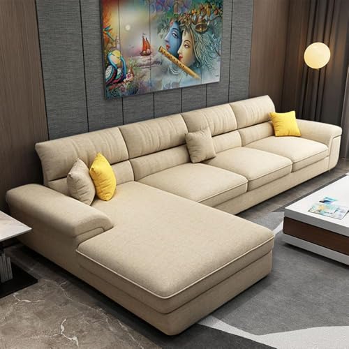 Image of Italino 5 Seater Luxurious L Shape Fabric Sofa Set (Left Side Lounger, Cream) | 5 to 6 Person Wooden Corner Sofa Couch for Living Room Bedroom Home Hall Furniture