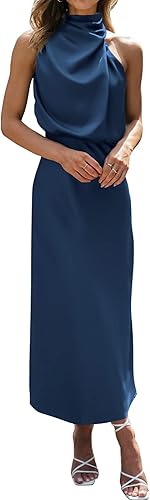 BTFBM Cocktail Dresses for Women Satin Silk Sleeveless Mock Neck High Waist Maxi Wedding Guest Dress Spring Clothes 2026