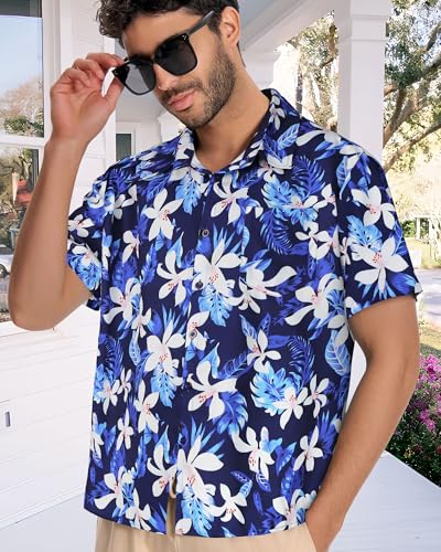 Image of Men Hawaiian Shirt Short Sleeve Summer Beach Button Down Shirts with Pocket