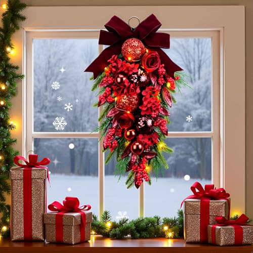 YULETIME 61 cm beleuchtete, dekorative Tropfengirlande, batteriebetriebene Girlande mit Lichterkette (Rote Hortensie) – Ansicht 2