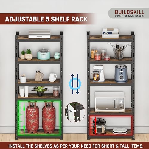 Image of BUILDSKILL 5-Tier Multipurpose Storage Rack | 67x28x12 Inch Bolt-Free Assembly Adjustable Rack | Oil & Water Friendly Dual-Side MDF Plywood Shelves | 175kg Load Per Shelf | Black Powder Coated Metal