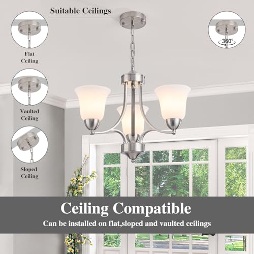 Image of 3-Lights Farmhouse Chandelier Brushed Nickel Modern Dining Room Light Fixture Silver Adjustable Ceiling Hanging Pendent Lighting with Frosted Glass for Kitchen Island, Living Room,Foyer