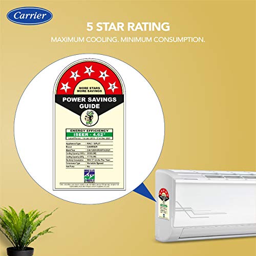 Image of Carrier 1 Ton 5 Star Inverter Split AC (Copper, PM 2.5 Filter, CAI12ES5R30F0,2021 Model, White)