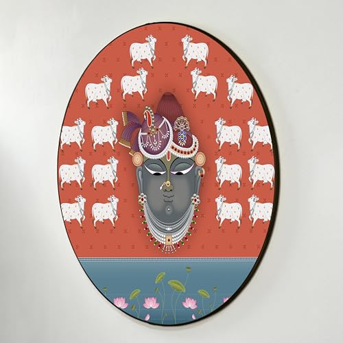 Image of PAINTINGMANTRA Lord Shrinathji Pichwai Art Round Large Wall Art Painting for Living Room Decoration, Circular Gold Metal Finish Stylish Large Wall Art Print for Wall Decor (22x22 Inches)