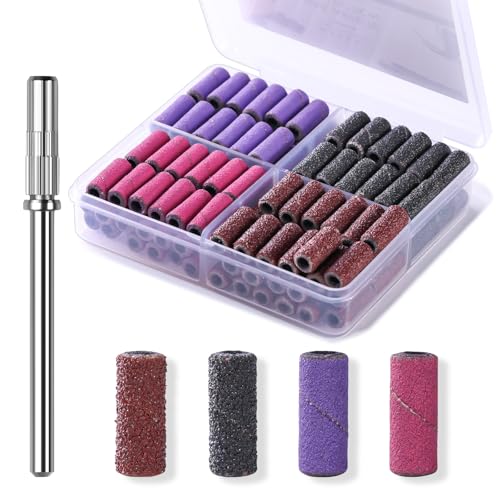 Makartt Nail Drill Bits Sanding Bands - for Nail Drill 100 Pcs 4 Color Coarse Fine 80/120/180/240 Grit File Small Sanding Band with 3.1mm Mini Mandrel Nail Bit Set for Acrylic Nails Gel