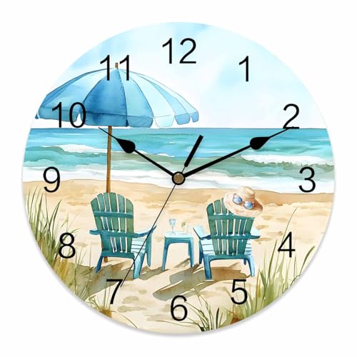 TOUBE Wall Clock 10 Inch Teal Summer Beach Round Silent